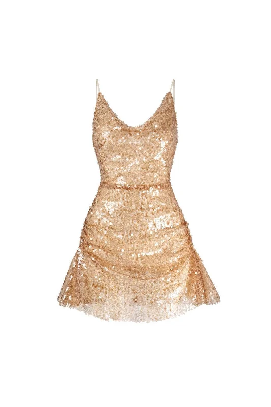 Mini dresses with gathered skirts for a voluminous effect Aitana A-line Scoop Neck Mesh Sequin Mini Dress Mini dresses with gathered skirts for a voluminous effect Aitana A-line Scoop Neck Mesh Sequin Mini Dress
