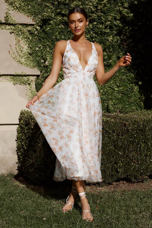 Midi dresses with gathered skirts for a full and flowing silhouette Floating By Plunging Neckline Midi Dress Floral Tangerine Midi dresses with gathered skirts for a full and flowing silhouette Floating By Plunging Neckline Midi Dress Floral Tangerine