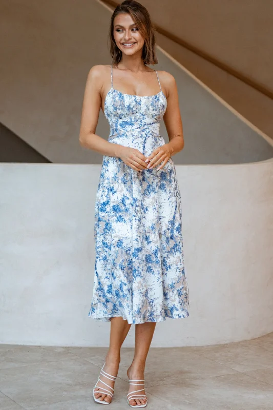 Midi dresses with ruffled bodices for a more pronounced feminine look Linka Cami Strap Midi Dress Marble Print Blue Midi dresses with ruffled bodices for a more pronounced feminine look Linka Cami Strap Midi Dress Marble Print Blue