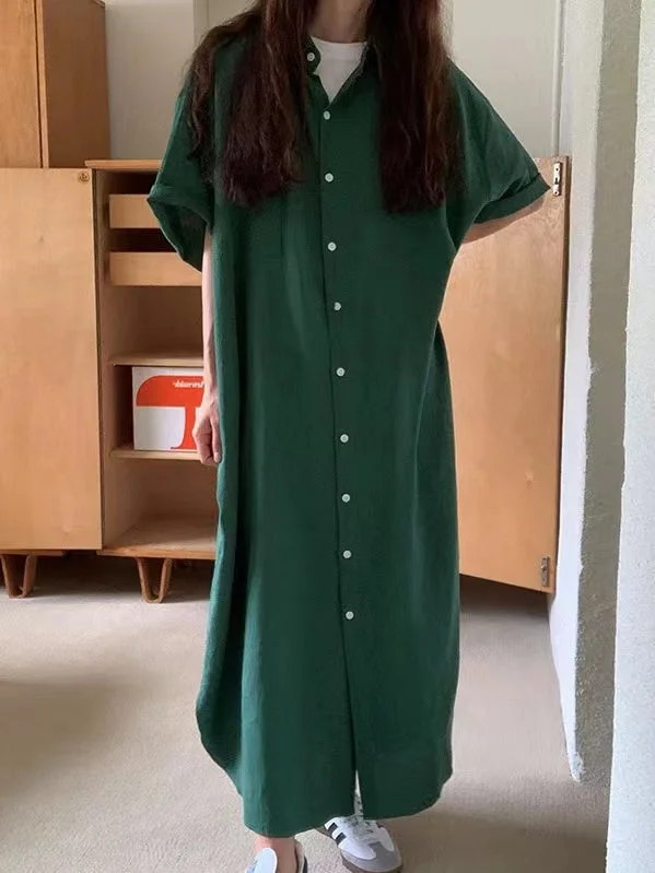 Midi dresses with gathered skirts for a full and flowing silhouette VibeMartini-Retro Lapel Loose Casual Shirt Dress Midi dresses with gathered skirts for a full and flowing silhouette VibeMartini-Retro Lapel Loose Casual Shirt Dress