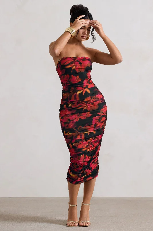Midi dresses with one - shoulder designs for a modern and asymmetric style Inara | Red Floral Print Strapless Ruched Midi Dress Midi dresses with one - shoulder designs for a modern and asymmetric style Inara | Red Floral Print Strapless Ruched Midi Dress