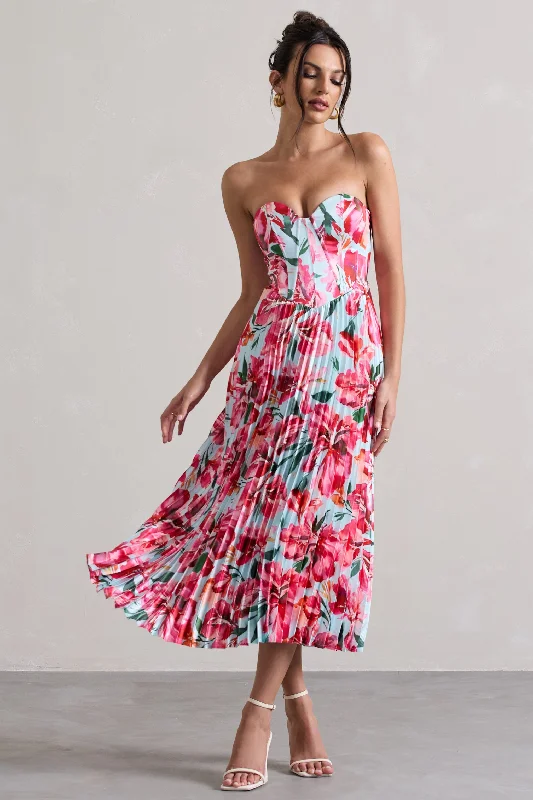 Midi dresses with ruffled sleeves for a more feminine and voluminous look Bordeaux | Mint Floral Print Satin Corset Style Midi Dress Midi dresses with ruffled sleeves for a more feminine and voluminous look Bordeaux | Mint Floral Print Satin Corset Style Midi Dress