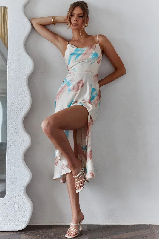Midi dresses with ruched bodices for a feminine and fitted feel Suki Front Split Midi Dress Watercolor Paint Print Pink Midi dresses with ruched bodices for a feminine and fitted feel Suki Front Split Midi Dress Watercolor Paint Print Pink