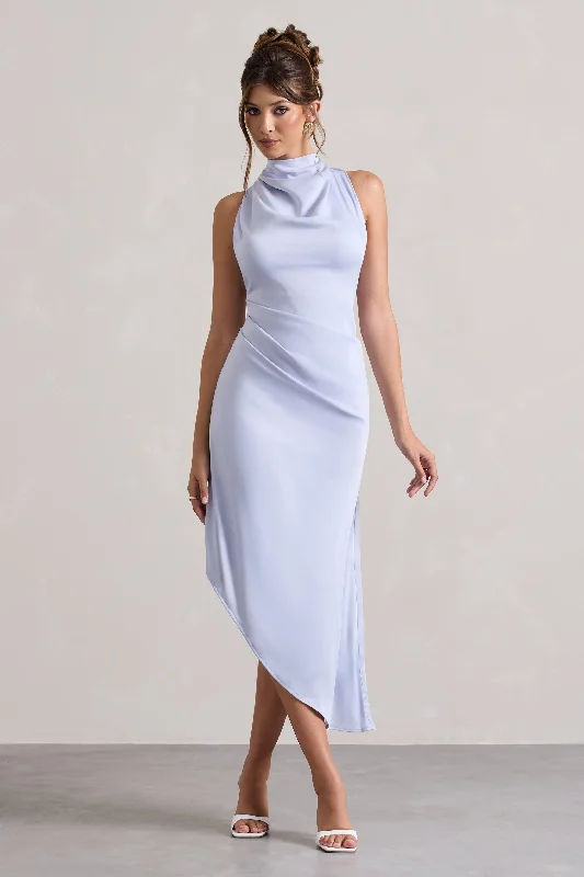 Midi dresses with button - front designs for a classic touch Sophina | Sky Blue Satin Cowl-Neck Asymmetric Midi Dress