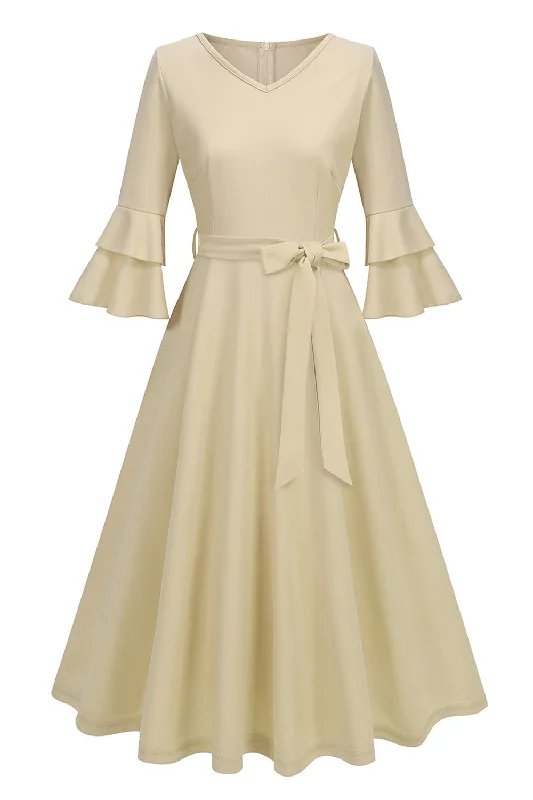 Midi dresses with belted waists to accentuate the figure Apricot A-Line V-neck Half Sleeves Midi 1950s Dress Midi dresses with belted waists to accentuate the figure Apricot A-Line V-neck Half Sleeves Midi 1950s Dress