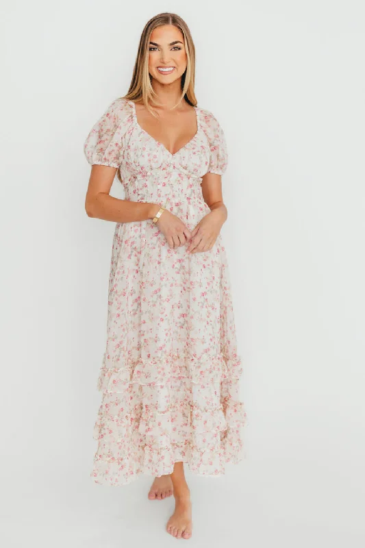 Midi dresses with tassel accents for a bohemian and free - spirited style Danielle Corset Maxi Dress in White/Pink Floral Midi dresses with tassel accents for a bohemian and free - spirited style Danielle Corset Maxi Dress in White/Pink Floral