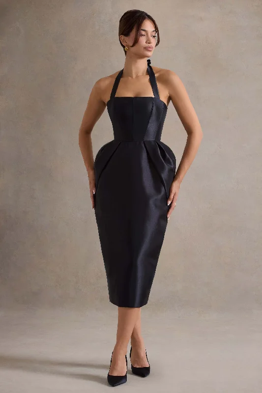 Midi dresses with satin - finish fabrics for a luxurious feel Cosetta | Black Halter-Neck Midi Dress With Tulip Skirt Midi dresses with satin - finish fabrics for a luxurious feel Cosetta | Black Halter-Neck Midi Dress With Tulip Skirt