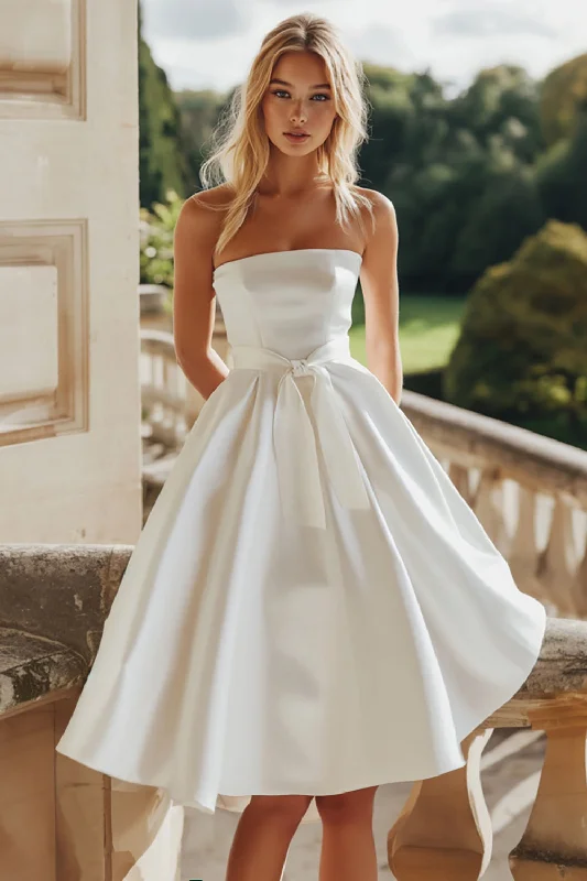 Midi dresses with pleated skirts for a timeless and elegant appeal White A-Line Satin Strapless Midi Graduation Dress with Bowknot Midi dresses with pleated skirts for a timeless and elegant appeal White A-Line Satin Strapless Midi Graduation Dress with Bowknot