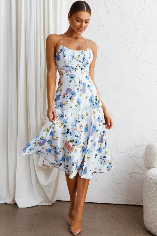 Midi dresses with ruffled hems for a romantic date night Linka Cami Strap Split Midi Dress Floral Blue Midi dresses with ruffled hems for a romantic date night Linka Cami Strap Split Midi Dress Floral Blue