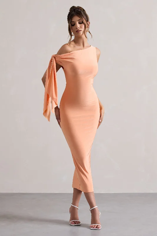 Midi dresses with mesh inserts for a trendy and breathable option Adapt | Coral Asymmetric Midi Dress With Tie Sleeve Midi dresses with mesh inserts for a trendy and breathable option Adapt | Coral Asymmetric Midi Dress With Tie Sleeve