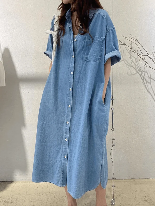 Midi dresses with metallic threads for a glamorous evening event VibeMartini-Vintage Lapel Single Breasted Casual Pocket Denim Dress Midi dresses with metallic threads for a glamorous evening event VibeMartini-Vintage Lapel Single Breasted Casual Pocket Denim Dress