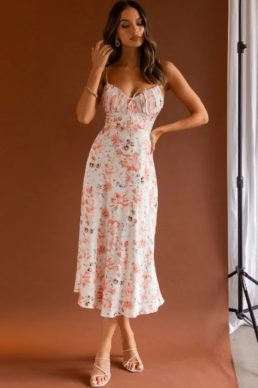 Midi dresses with tassel accents for a bohemian and free - spirited style Malibu Gathered Bust Cami Strap Midi Dress Floral Pink Midi dresses with tassel accents for a bohemian and free - spirited style Malibu Gathered Bust Cami Strap Midi Dress Floral Pink