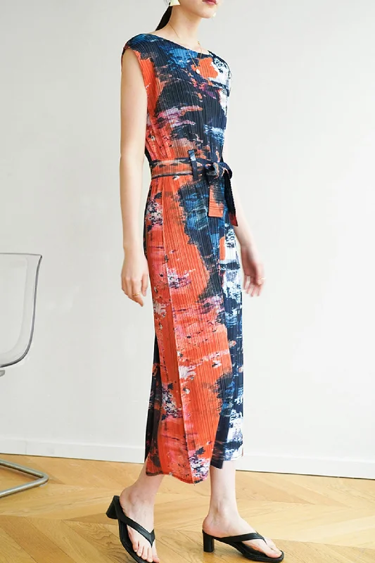 Midi dresses with off - the - shoulder necklines for a flirty look Sleeveless Side Slit Full Pleated Print Dress Midi dresses with off - the - shoulder necklines for a flirty look Sleeveless Side Slit Full Pleated Print Dress