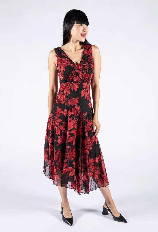 Midi dresses with ruffled sleeves for a more feminine and voluminous look Red Floral Sleeveless Dress