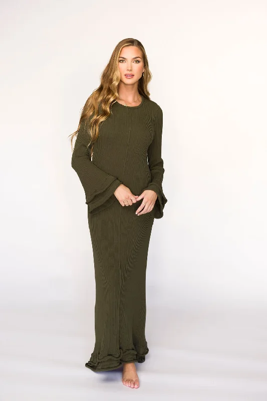 Midi dresses with ruched sleeves for a more fitted and stylish arm look Arlet Dress in Olive - Bump Friendly Midi dresses with ruched sleeves for a more fitted and stylish arm look Arlet Dress in Olive - Bump Friendly