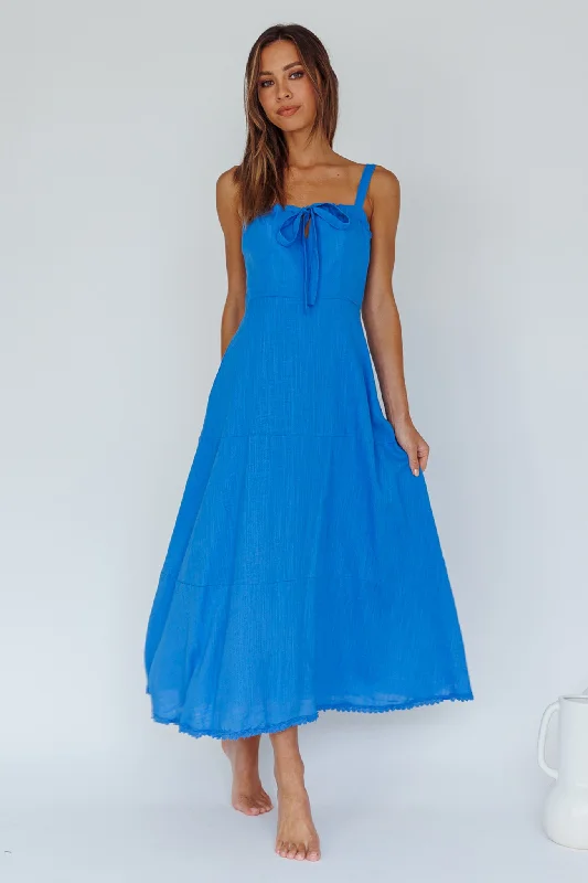 Midi dresses with gathered skirts for a full and flowing silhouette Sublime Tied Neckline Midi Dress Blue Midi dresses with gathered skirts for a full and flowing silhouette Sublime Tied Neckline Midi Dress Blue