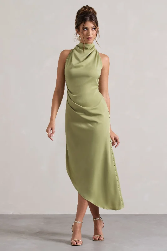 A - line midi dresses with floral prints for spring brunches Sophina | Light Olive Satin Cowl-Neck Asymmetric Midi Dress A - line midi dresses with floral prints for spring brunches Sophina | Light Olive Satin Cowl-Neck Asymmetric Midi Dress