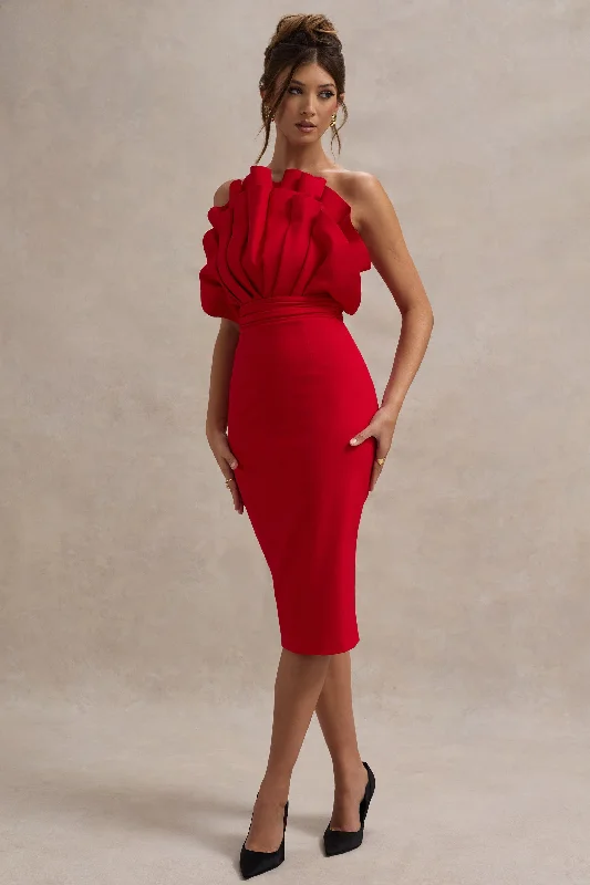 Midi dresses with side slits for a sexy and elegant appearance Oria | Red Ruffled Strapless Midi Dress Midi dresses with side slits for a sexy and elegant appearance Oria | Red Ruffled Strapless Midi Dress
