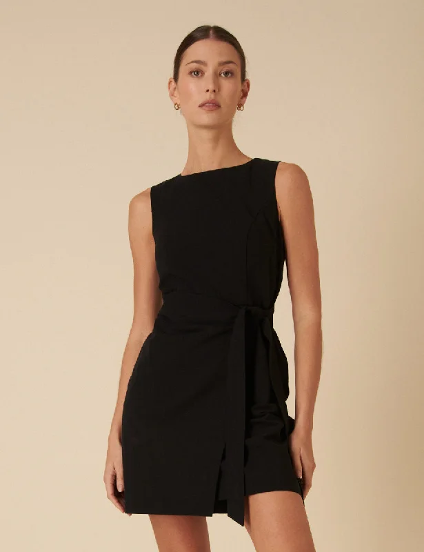 Mini dresses with asymmetric hems for a fashion - forward look Black Linen-blend Tie Waist Lotte Mini Dress Mini dresses with asymmetric hems for a fashion - forward look Black Linen-blend Tie Waist Lotte Mini Dress