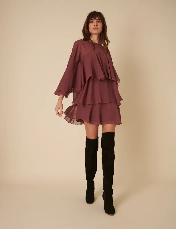 Mini dresses with one - shoulder designs Burgundy Ruffled Ret Mini Dress