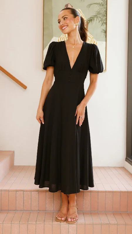 Midi dresses with patchwork patterns for a one - of - a - kind style Melea Midi Dress - Black Midi dresses with patchwork patterns for a one - of - a - kind style Melea Midi Dress - Black
