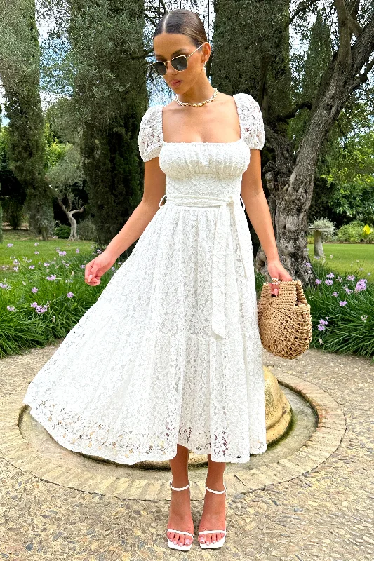 Midi dresses with pleated bodices for a classic and tailored look Corfu | White Lace Puff-Sleeve Belted Midi Dress Midi dresses with pleated bodices for a classic and tailored look Corfu | White Lace Puff-Sleeve Belted Midi Dress