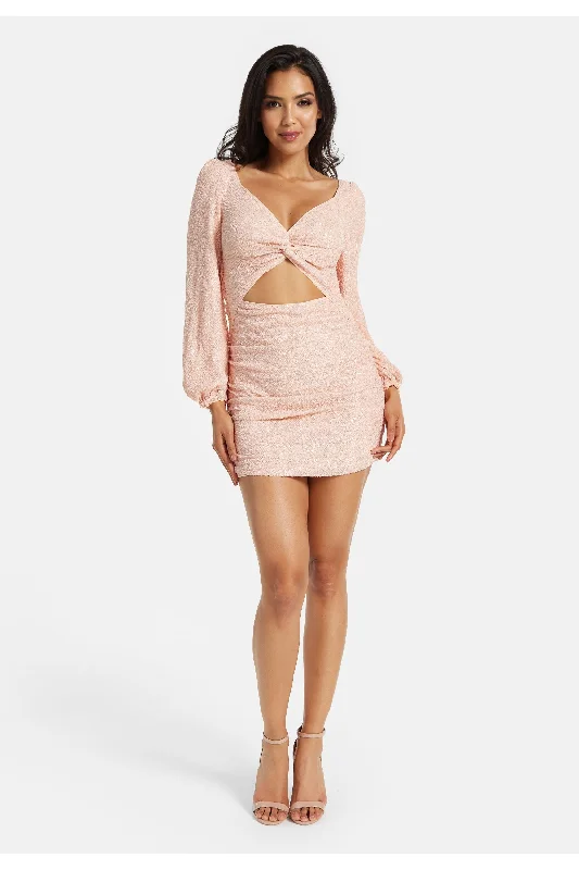 Mini dresses with gathered skirts for a voluminous effect Liquorish Pink Sequin Long Sleeve Cut Out Mini Dress Mini dresses with gathered skirts for a voluminous effect Liquorish Pink Sequin Long Sleeve Cut Out Mini Dress