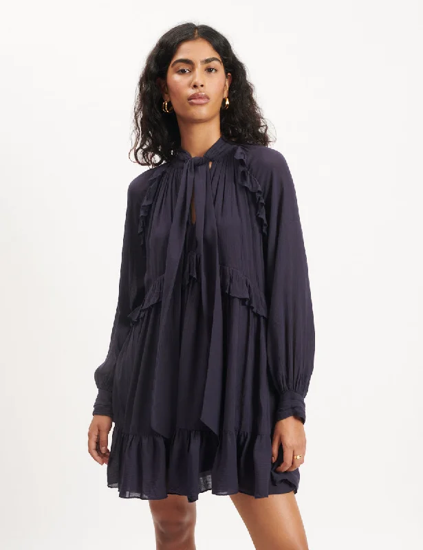 Satin mini dresses for a luxurious feel Navy Ruffle Trim Bohana Mini Dress