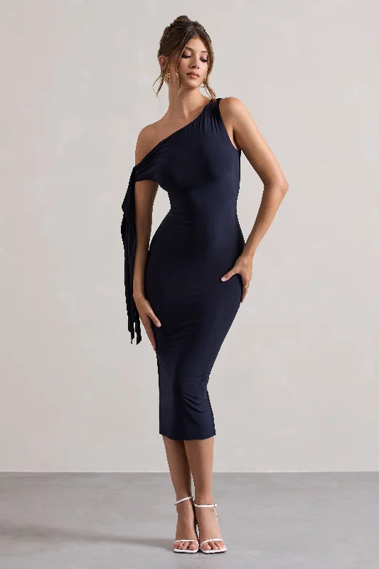 Midi dresses with tassel accents for a bohemian and free - spirited style Adapt | Navy Asymmetric Midi Dress With Tie Sleeve Midi dresses with tassel accents for a bohemian and free - spirited style Adapt | Navy Asymmetric Midi Dress With Tie Sleeve