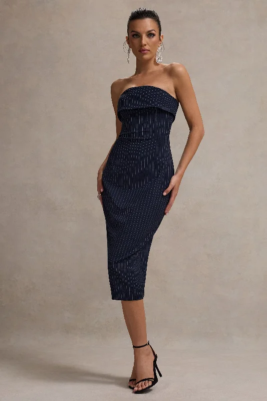 Midi dresses with ruched bodices for a feminine and fitted feel Highway | Navy Pinstripe Strapless Midi Dress Midi dresses with ruched bodices for a feminine and fitted feel Highway | Navy Pinstripe Strapless Midi Dress