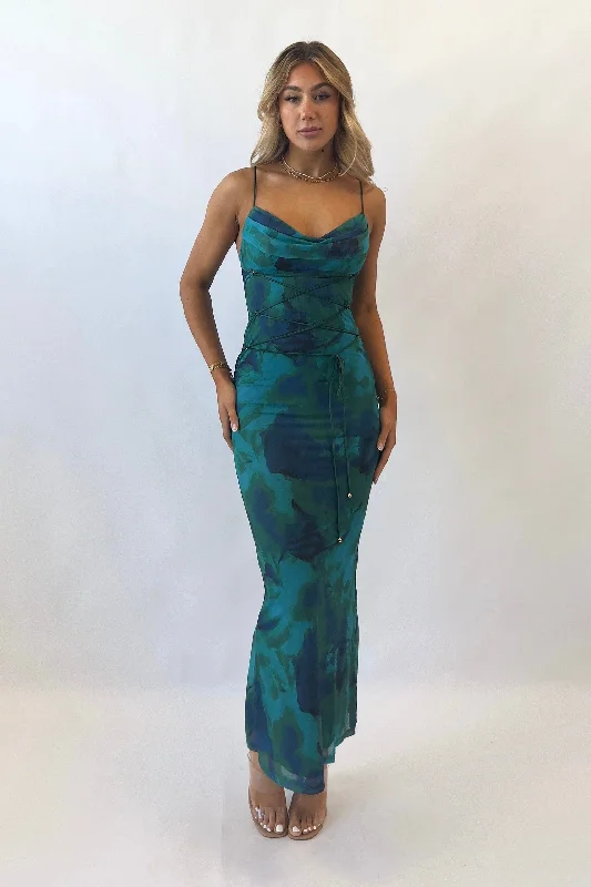 Velvet midi dresses in jewel tones for a glamorous winter event Blossom Maxi Dress - Teal Green