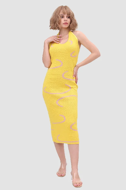 Midi dresses with cold - shoulder cutouts for a trendy style Line Knit Backless Halter Dress Midi dresses with cold - shoulder cutouts for a trendy style Line Knit Backless Halter Dress