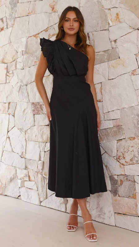 Midi dresses with off - the - shoulder necklines for a flirty look Stassie Midi Dress - Black Midi dresses with off - the - shoulder necklines for a flirty look Stassie Midi Dress - Black