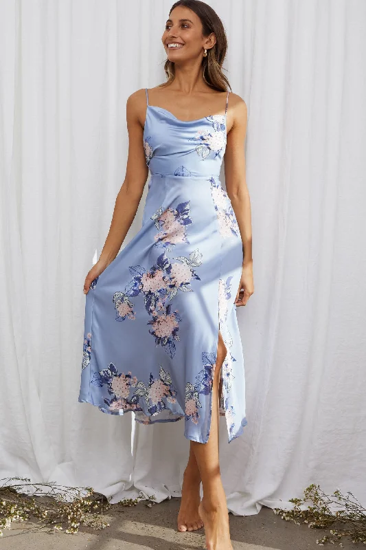 Midi dresses with geometric cutouts for a contemporary and edgy look Suki Front Split Midi Dress Hydrangea Print Blue Midi dresses with geometric cutouts for a contemporary and edgy look Suki Front Split Midi Dress Hydrangea Print Blue