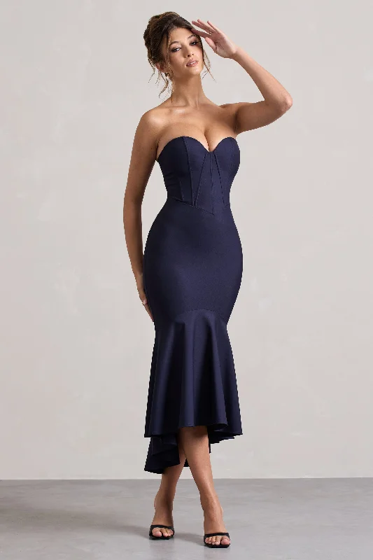 Midi dresses with denim fabric for a casual yet stylish day out Daylight | Navy Corset High-Low Midi Dress Midi dresses with denim fabric for a casual yet stylish day out Daylight | Navy Corset High-Low Midi Dress