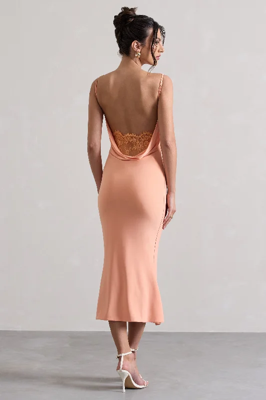 Wrap - style midi dresses in silk for a sophisticated office look Addison | Coral Cowl-Neck Open-Back Midi Dress With Lace Wrap - style midi dresses in silk for a sophisticated office look Addison | Coral Cowl-Neck Open-Back Midi Dress With Lace