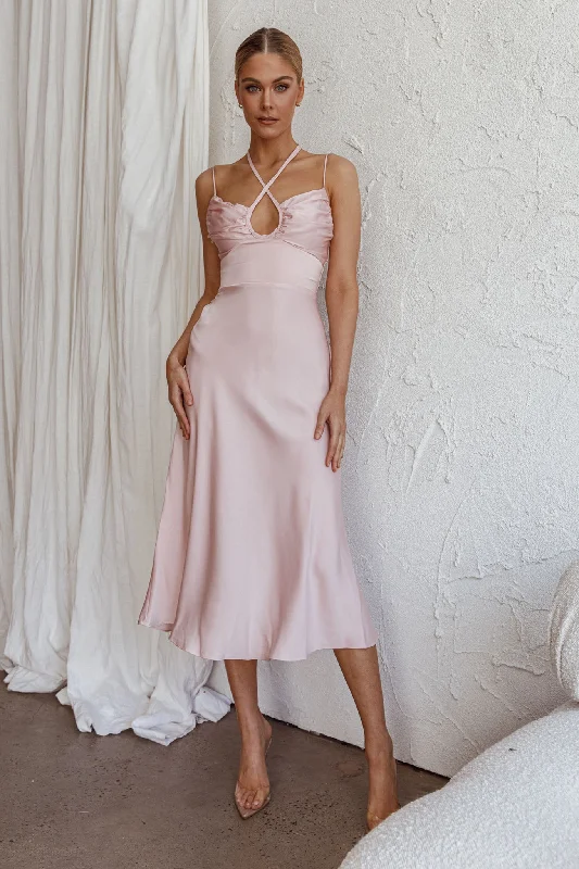 Midi dresses with button - down skirts for a unique and functional design Emmalie Satin Midi Dress Pink Midi dresses with button - down skirts for a unique and functional design Emmalie Satin Midi Dress Pink