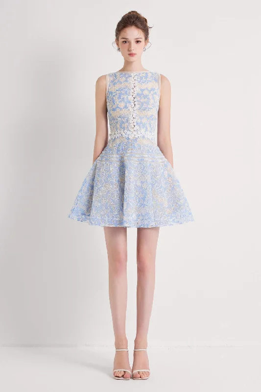 Mini dresses with puff sleeves for a vintage look Laika A-line Boat Neck Embroidered Lace Mini Dress Mini dresses with puff sleeves for a vintage look Laika A-line Boat Neck Embroidered Lace Mini Dress