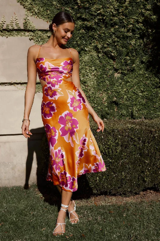 Midi dresses with animal prints for a bold and confident appearance Sunday Bliss Tie-Up Back Cowl Neck Midi Dress Flower Orange