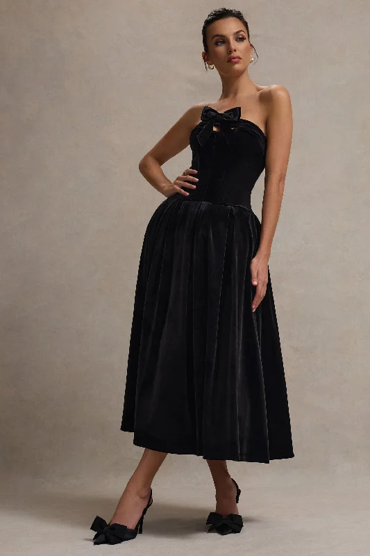 Midi dresses with patchwork patterns for a one - of - a - kind style Hepburn | Black Velvet Bandeau Midi Dress With Bow Midi dresses with patchwork patterns for a one - of - a - kind style Hepburn | Black Velvet Bandeau Midi Dress With Bow