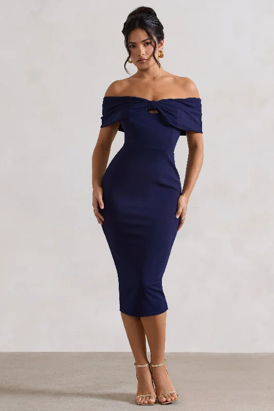 Midi dresses with gathered skirts for a full and flowing silhouette Hope | Navy Bow Bardot Midi Dress Midi dresses with gathered skirts for a full and flowing silhouette Hope | Navy Bow Bardot Midi Dress