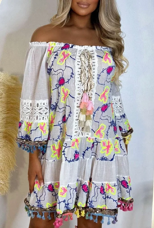 Mini dresses with pocket details for added functionality Babe In Boho White Neon Embroidered Bardot Tassel Hem Mini Dress Mini dresses with pocket details for added functionality Babe In Boho White Neon Embroidered Bardot Tassel Hem Mini Dress