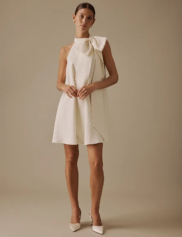 Mini dresses with wrap - around styles Ivory Halter Neck Mini Bodry Bridal Dress