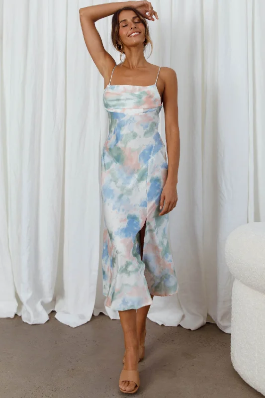 Midi dresses with asymmetric hems for a fashion - forward and dynamic appearance Well Versed Pleated Bust Front Split Dress Watercolor Green Midi dresses with asymmetric hems for a fashion - forward and dynamic appearance Well Versed Pleated Bust Front Split Dress Watercolor Green