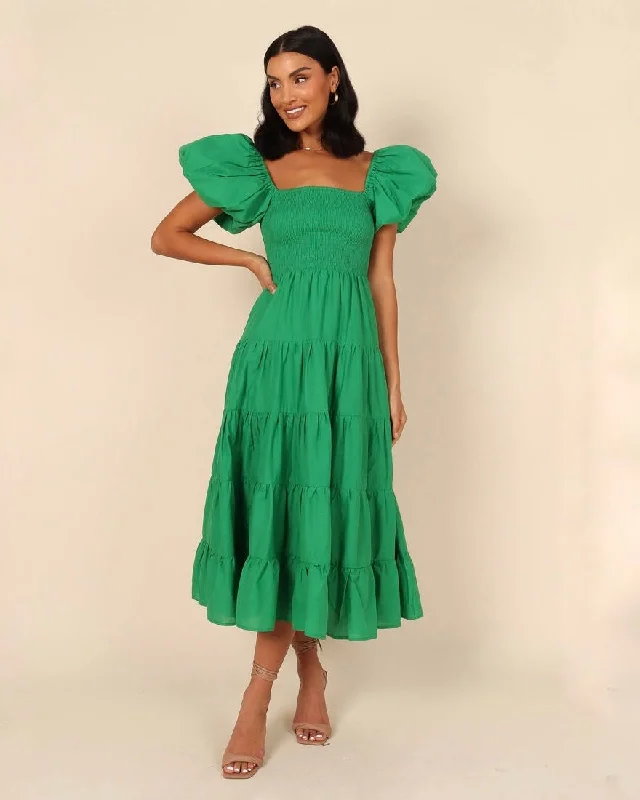 Plaid midi dresses for a fall - themed family gathering CIANA MIDI DRESS -GREEN