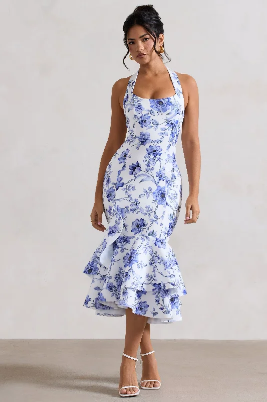 Midi dresses with tassel accents for a bohemian and free - spirited style Arla | Blue Floral Halter-Neck Ruffle Trim Midi Dress Midi dresses with tassel accents for a bohemian and free - spirited style Arla | Blue Floral Halter-Neck Ruffle Trim Midi Dress