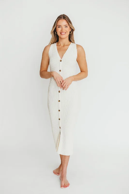 Midi dresses with pleated skirts for a timeless and elegant appeal Lelani Button Down Ribbed Knit Midi Dress in White - Nursing Friendly Midi dresses with pleated skirts for a timeless and elegant appeal Lelani Button Down Ribbed Knit Midi Dress in White - Nursing Friendly