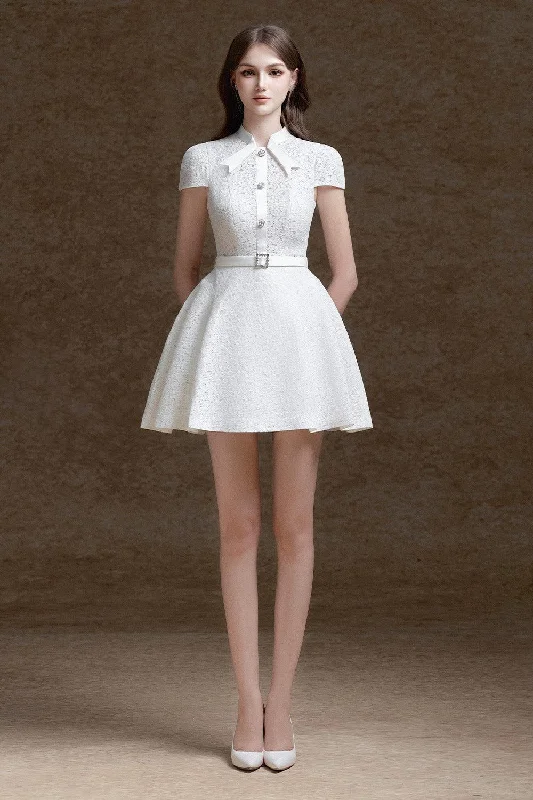 Mini dresses with tiered skirts for added volume Capella Fit and Flare Short Sleeved Lace Mini Dress Mini dresses with tiered skirts for added volume Capella Fit and Flare Short Sleeved Lace Mini Dress