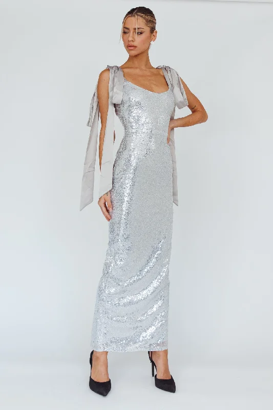Midi dresses with lace - up fronts for a unique and adjustable style Birthday Wish Tied Shoulder Sequin Maxi Dress Silver Midi dresses with lace - up fronts for a unique and adjustable style Birthday Wish Tied Shoulder Sequin Maxi Dress Silver