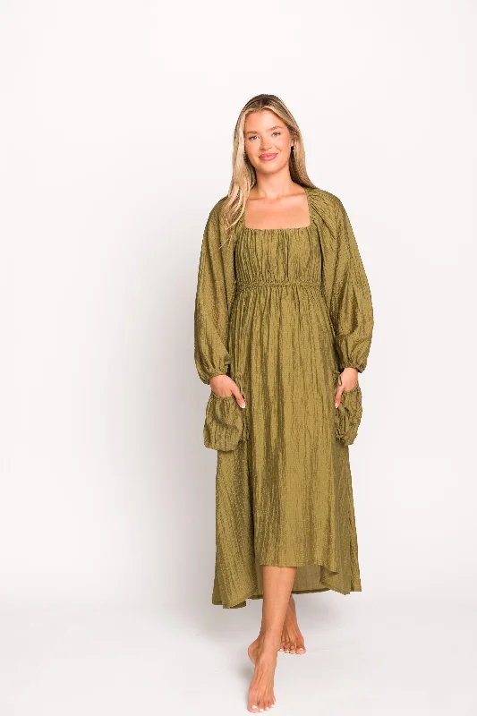 High - low midi dresses with geometric patterns for a modern party Ariana Long Sleeved Maxi Dress with Slouchy Pocket in Olive High - low midi dresses with geometric patterns for a modern party Ariana Long Sleeved Maxi Dress with Slouchy Pocket in Olive